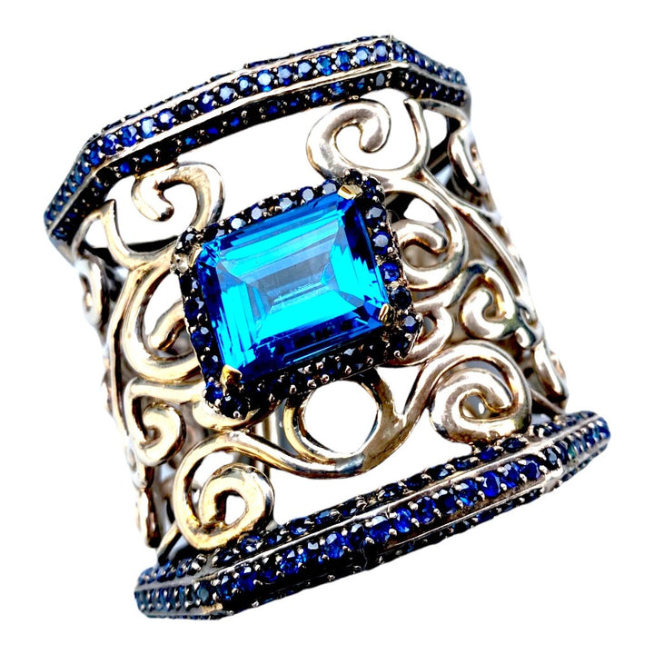 80 ct Sapphire and Topaz Cuff Bracelet, Fleur De Lis