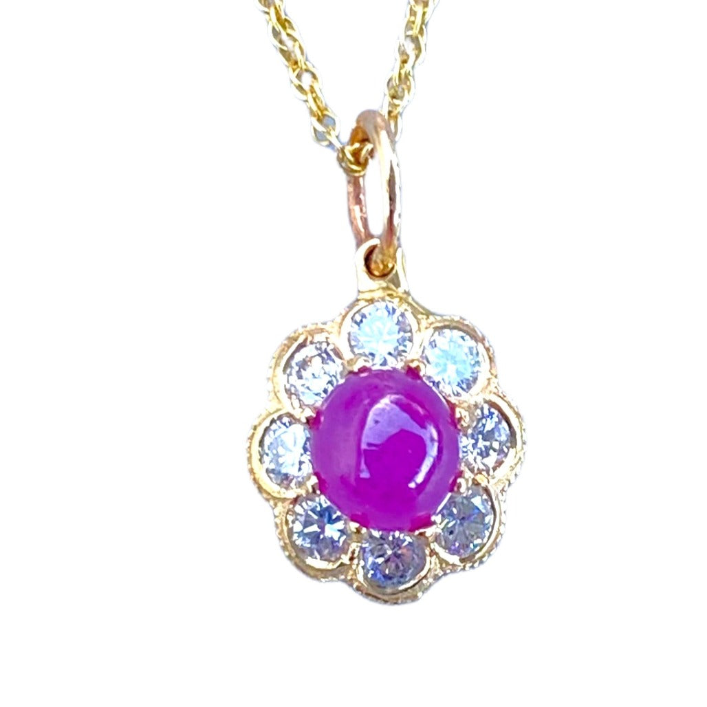 14Kt Ruby Cabochon Diamond Halo Pendant .80 CTW