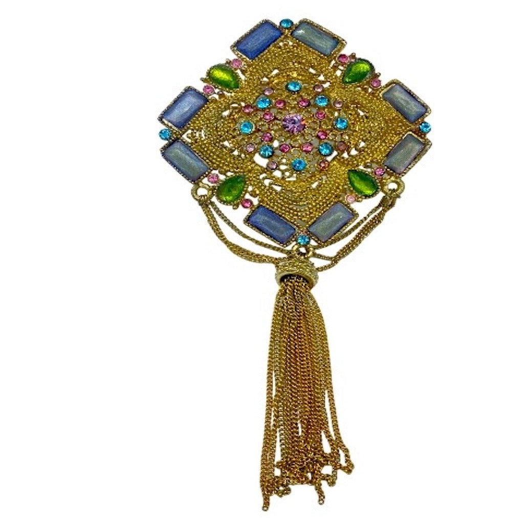 1970s Rainbow Stone Tassel Pin 5” Length