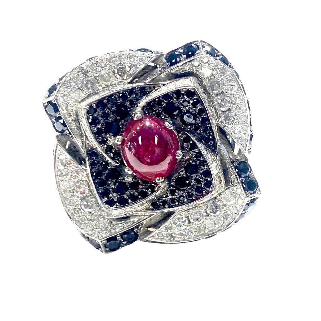 18Kt Ruby & Diamond Large Flower Ring with Black Spinel 9 Carats