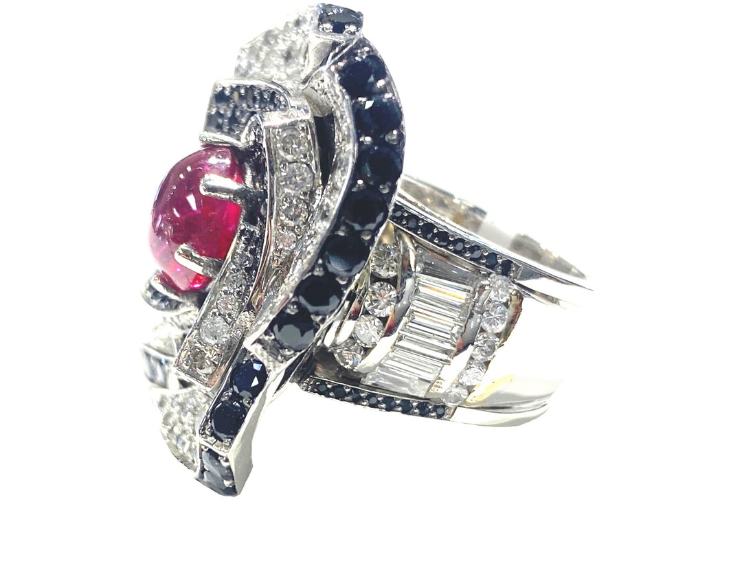 18Kt Ruby & Diamond Large Flower Ring with Black Spinel 9 Carats
