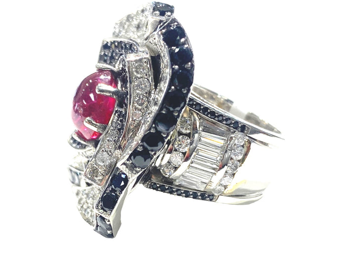 18Kt Ruby & Diamond Large Flower Ring with Black Spinel 9 Carats
