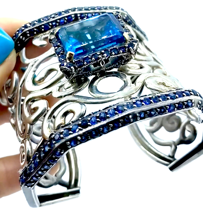 80 ct Sapphire and Topaz Cuff Bracelet, Fleur De Lis
