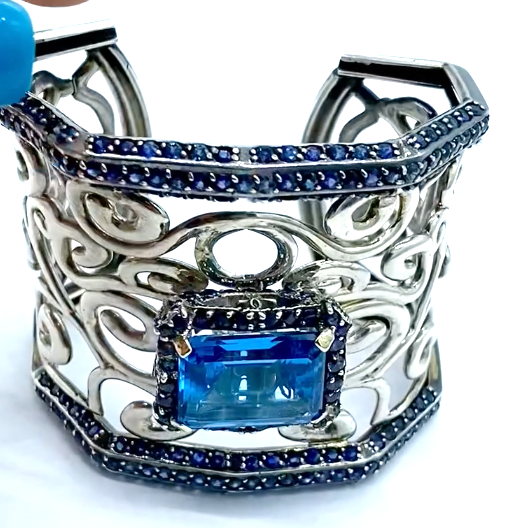 80 ct Sapphire and Topaz Cuff Bracelet, Fleur De Lis
