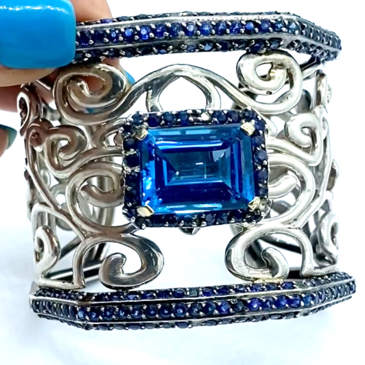 80 ct Sapphire and Topaz Cuff Bracelet, Fleur De Lis