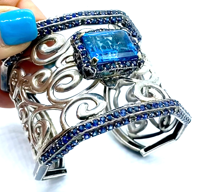80 ct Sapphire and Topaz Cuff Bracelet, Fleur De Lis