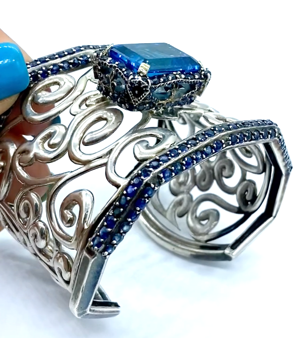80 ct Sapphire and Topaz Cuff Bracelet, Fleur De Lis