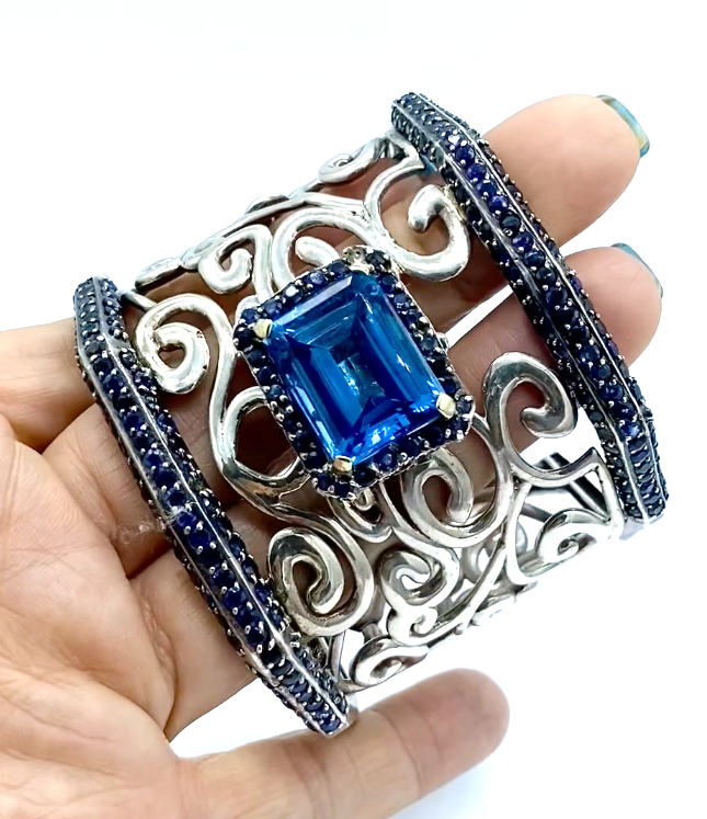 80 ct Sapphire and Topaz Cuff Bracelet, Fleur De Lis