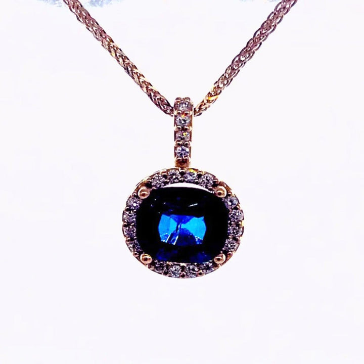 14K Cushion Cut Sapphire and Diamond Rose Gold Necklace 1.90 CTW