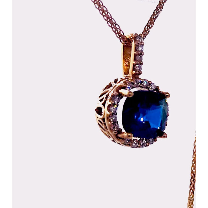 14K Cushion Cut Sapphire and Diamond Rose Gold Necklace 1.90 CTW