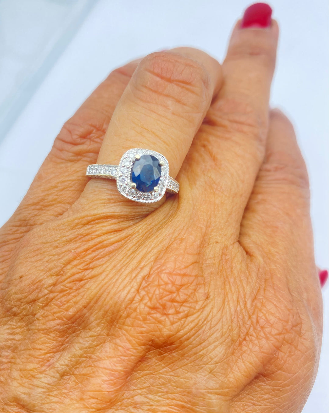 18Kt Blue Sapphire and Diamond Halo Ring 2.20 ct Total