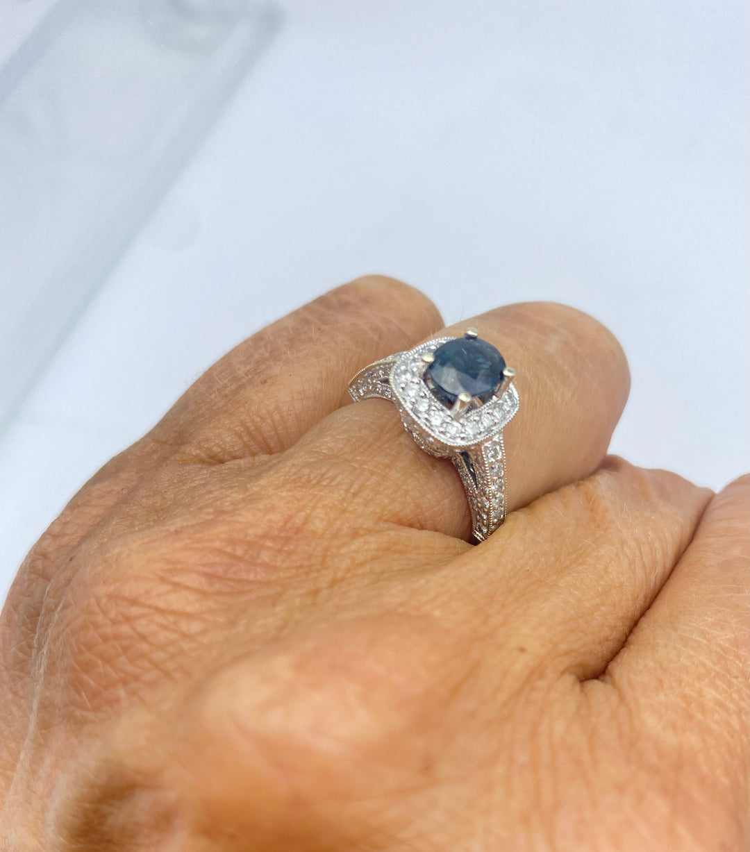 18Kt Blue Sapphire and Diamond Halo Ring 2.20 ct Total