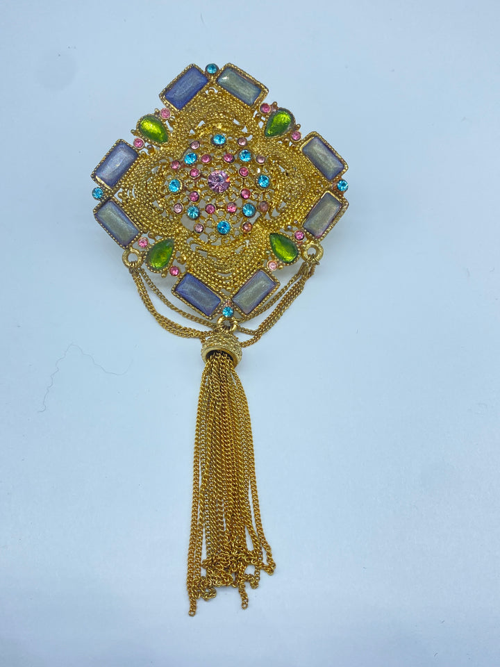 1970s Rainbow Stone Tassel Pin 5” Length