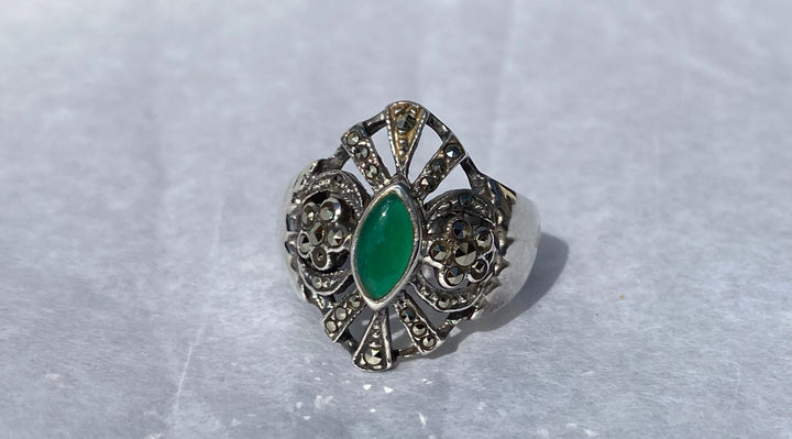 Jade and Marcasite Sterling Silver Ring