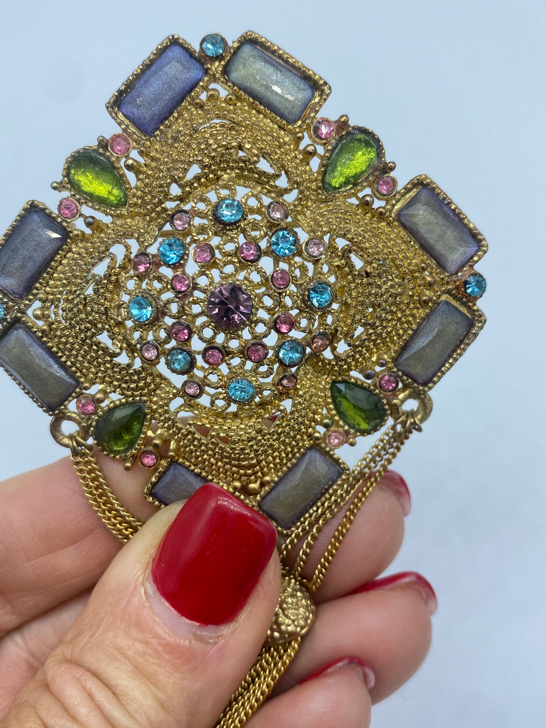 1970s Rainbow Stone Tassel Pin 5” Length