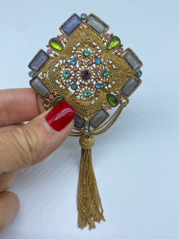 1970s Rainbow Stone Tassel Pin 5” Length
