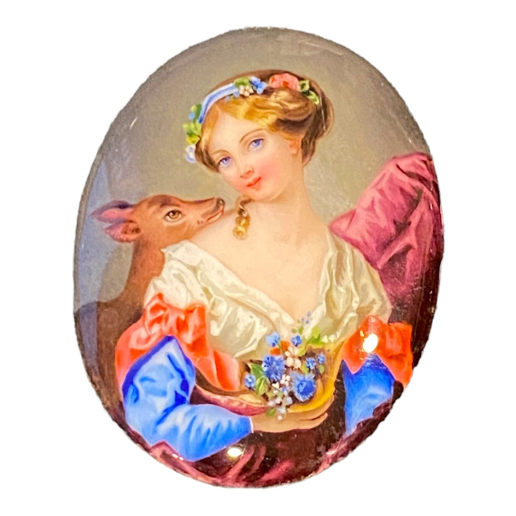 1800’s Courtly Hand Painted Cameo with Deer Resting on Shoulder