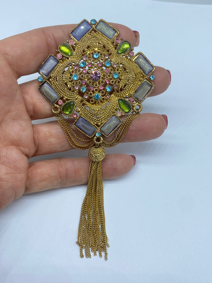 1970s Rainbow Stone Tassel Pin 5” Length