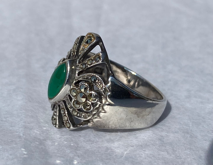 Jade and Marcasite Sterling Silver Ring