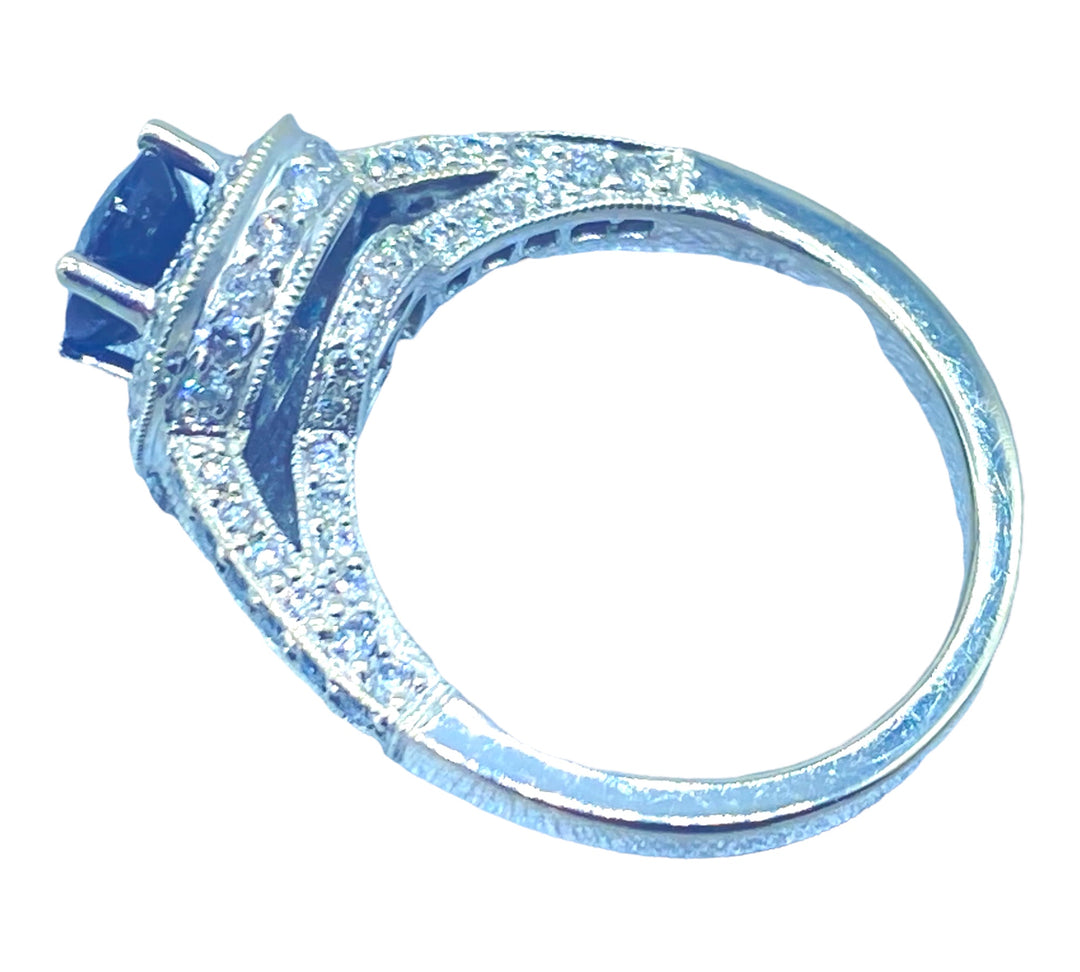 18Kt Blue Sapphire and Diamond Halo Ring 2.20 ct Total