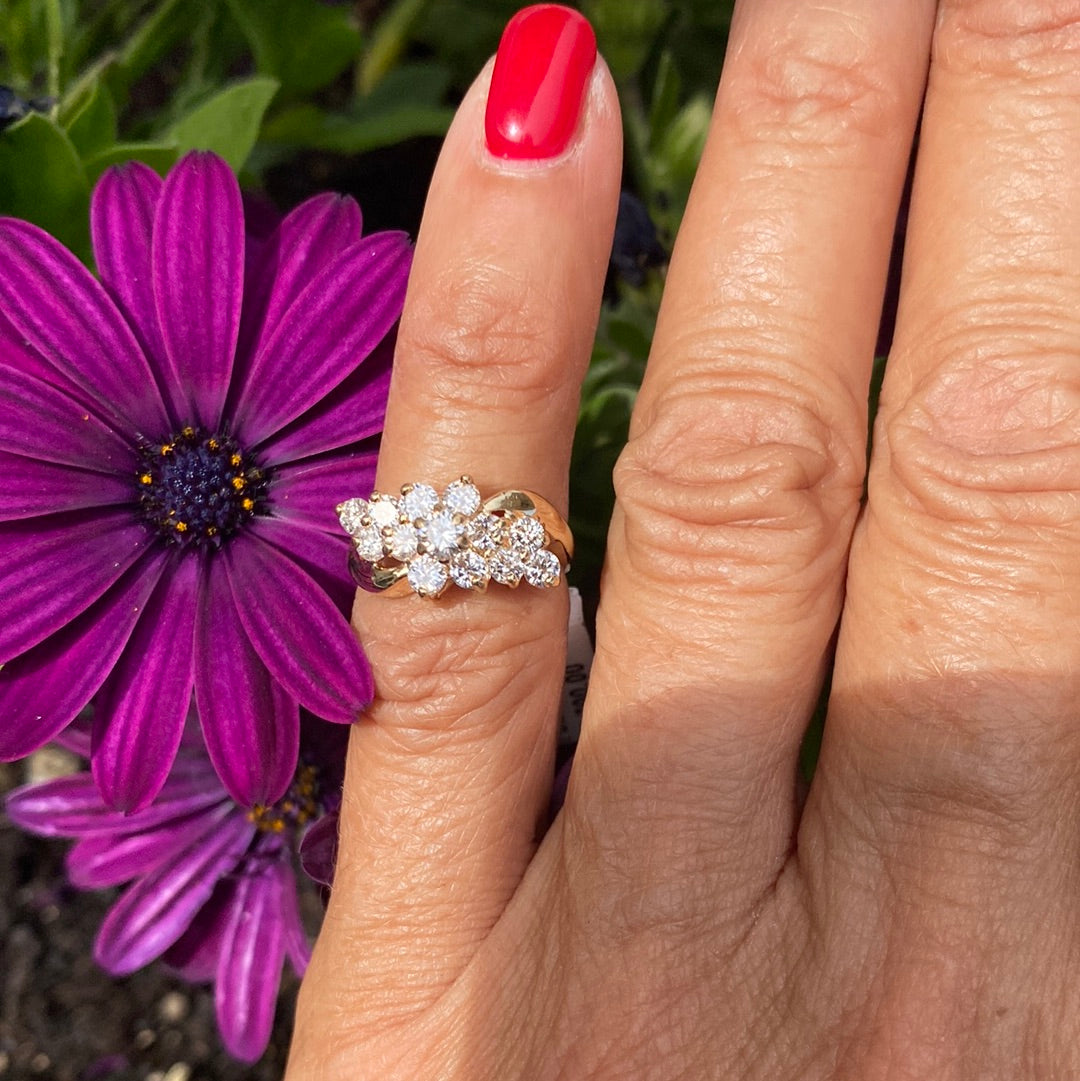 14Kt Yellow Gold Cocktail Cluster Diamond Ring .80 Carats VS-F color