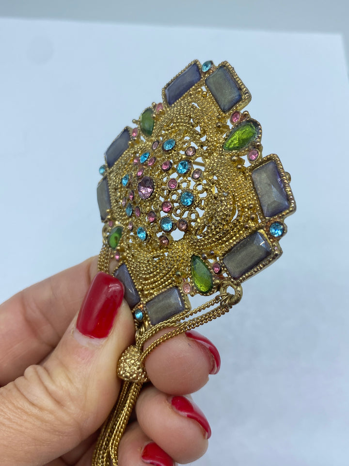 1970s Rainbow Stone Tassel Pin 5” Length