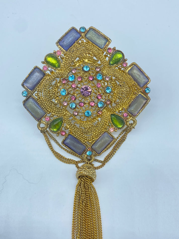 1970s Rainbow Stone Tassel Pin 5” Length
