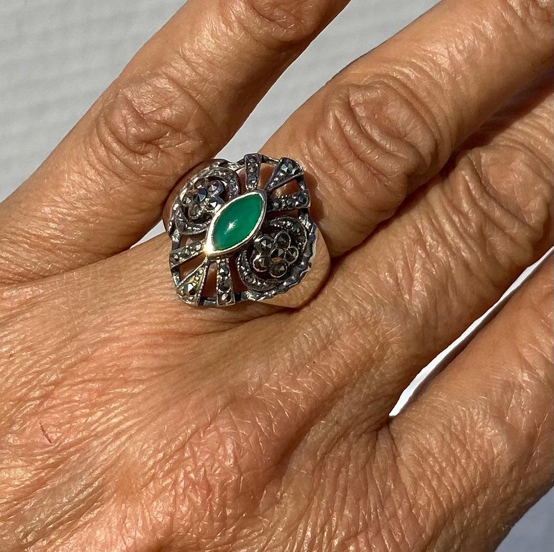 Jade and Marcasite Sterling Silver Ring