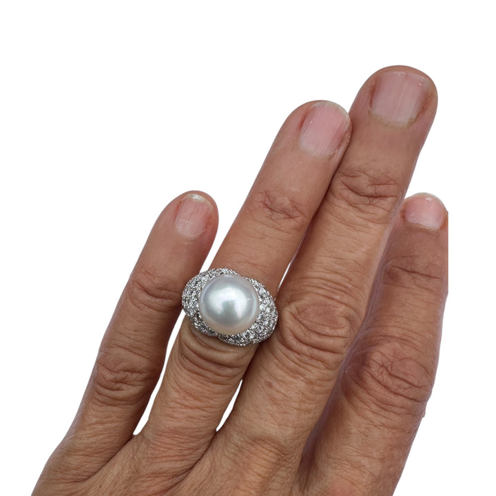 12 mm White South Sea Pearl & 1.80 CTW Pavé Diamond Cocktail Ring