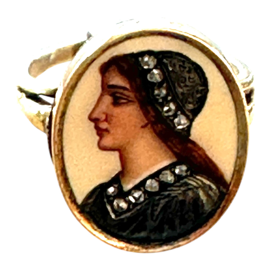 1800s, Renaissance Diamond Encrusted Cameo Ring, Vibrantly Painted