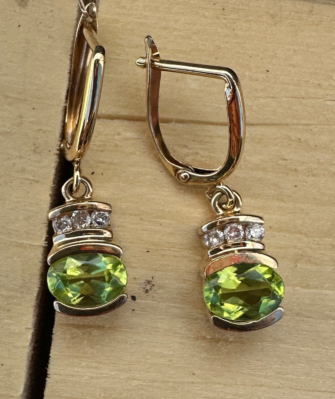 14K Yellow Gold 1.50ct Peridot and 1/4ct Diamond Leverback Dangle Earrings