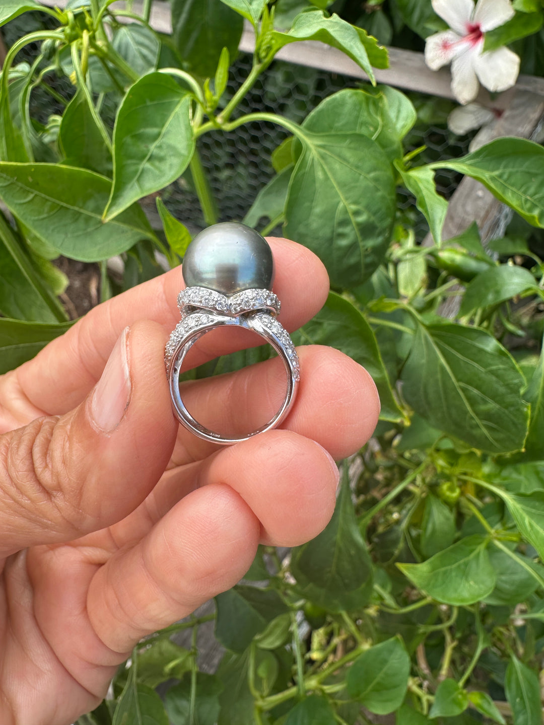 AAA Diamond and Gray 14.5mm Tahitian Pearl 1 ct Ring