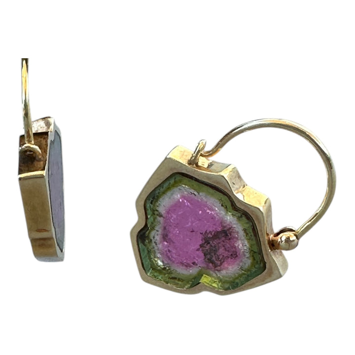 18K Solid Yellow Gold Diamond Accent 28CT Watermelon Tourmaline Slice Earrings