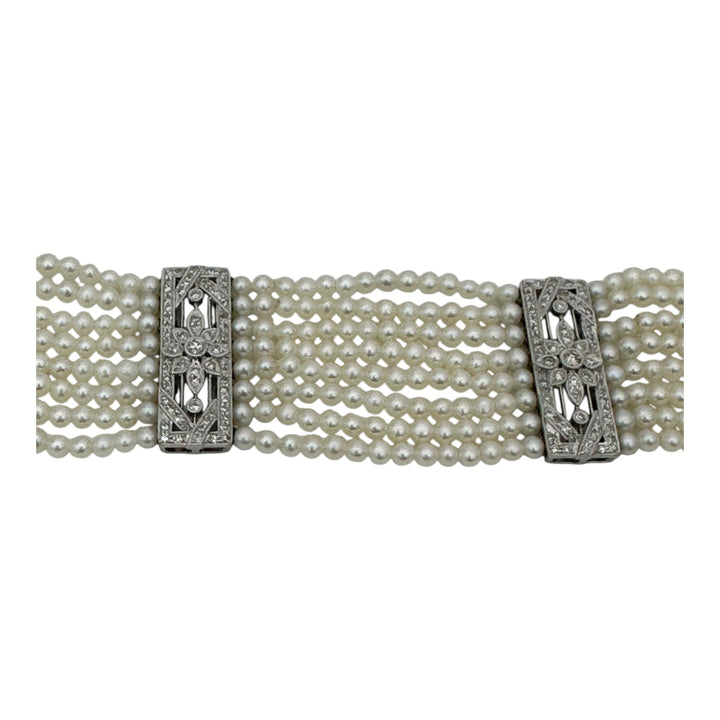 8 Strand Pearl and Diamond Bracelet Platinum AAA Quality VS F-G Color