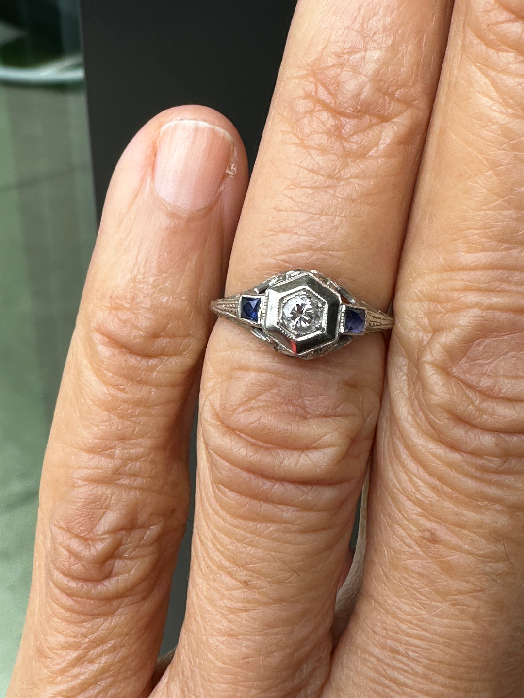 Antique Art Deco 18K White Gold Hexagonal Diamond & Sapphire Engagement Ring .45ctw