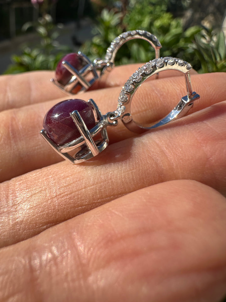14kt 5cts Star Ruby, 1/3ct diamond hinge hoop earrings