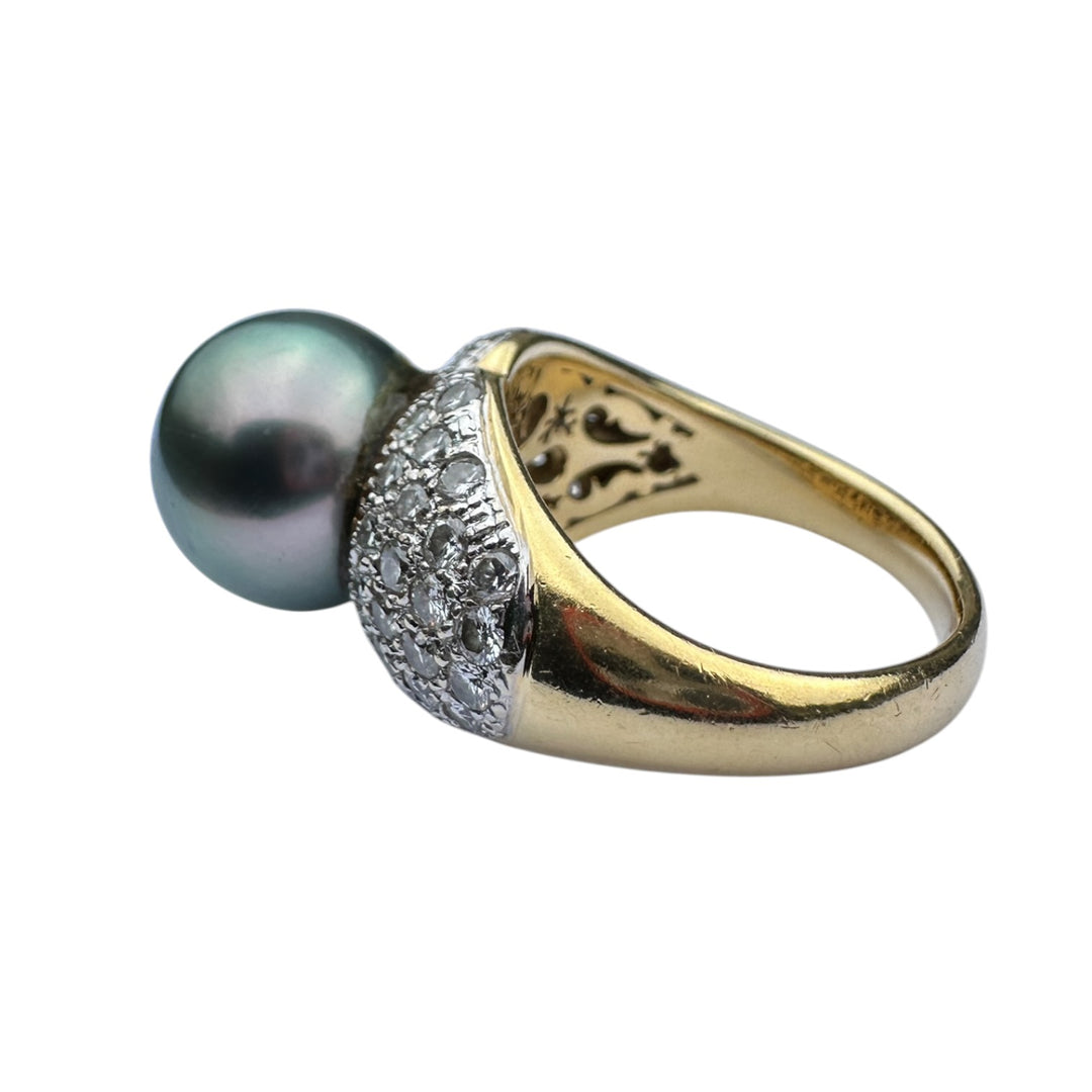 Mid-century, 18 karat Tahitian 12 mm pearl with 1.50 carat diamonds