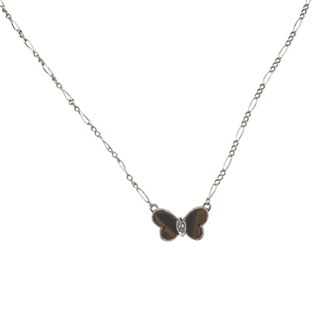Mid-Century Inspired Yellow Gold, Tiger's Eye Butterfly Pendant Necklace
