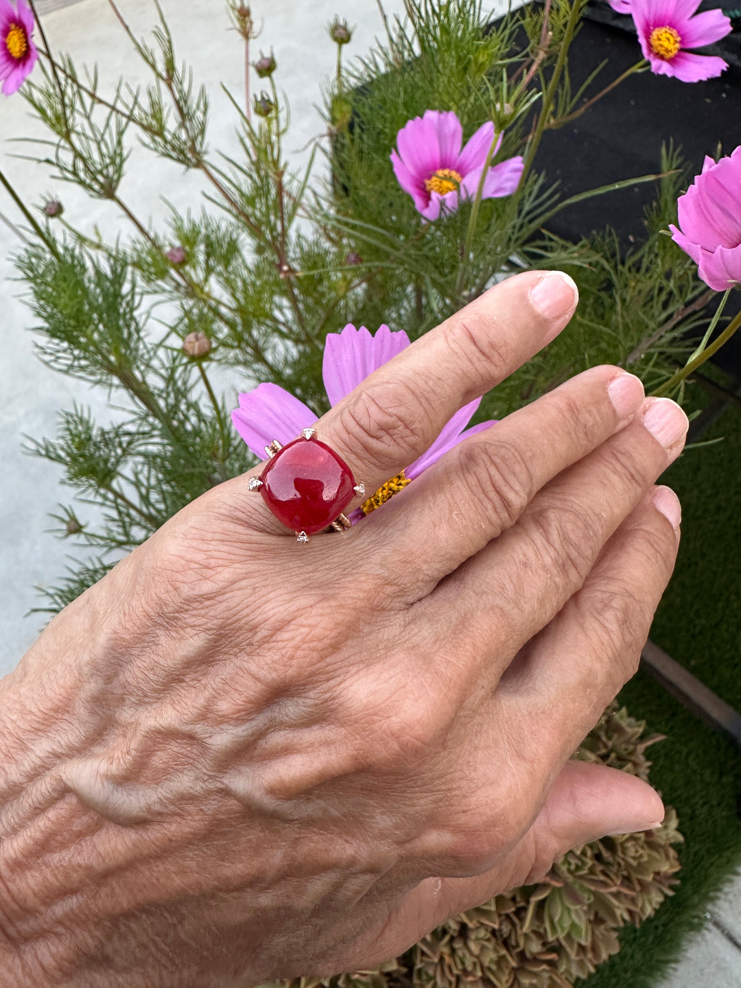14Kt Red Coral Sugarloaf & Diamond Pink Gold Ring