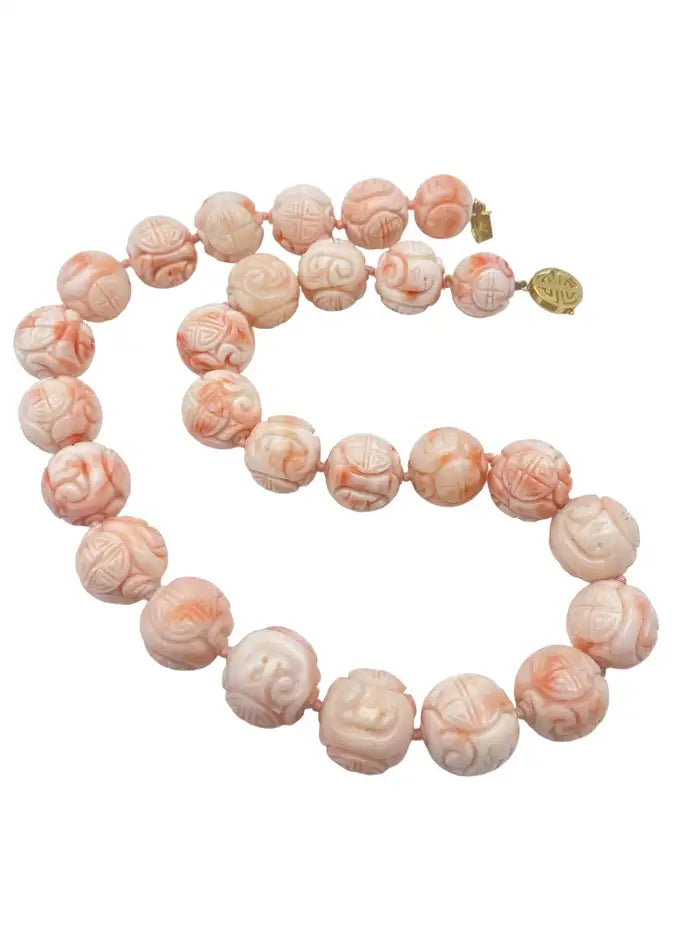 14Kt Angel Skin Coral Individually Carved Bead 18" Necklace Artistry