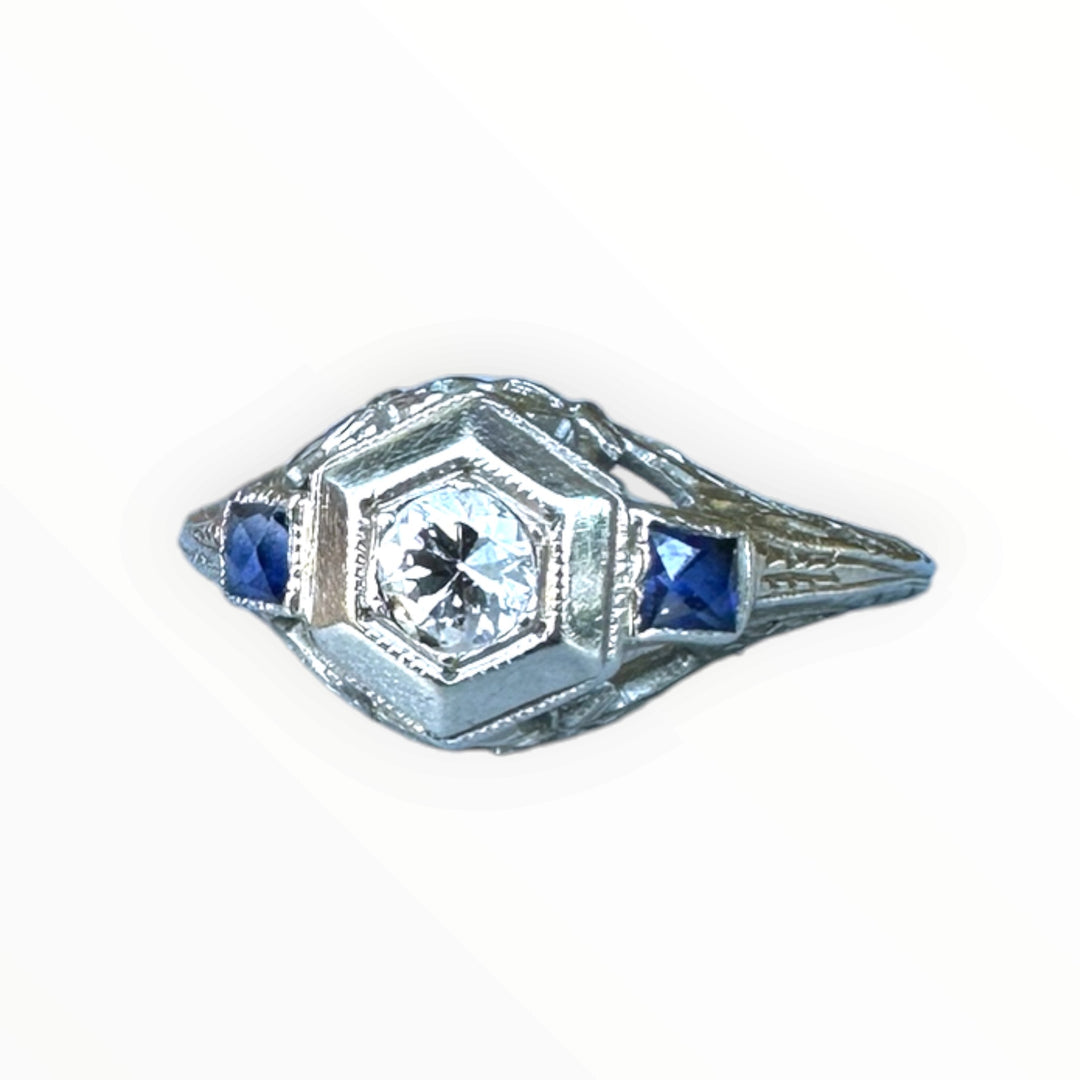 Antique Art Deco 18K White Gold Hexagonal Diamond & Sapphire Engagement Ring .45ctw