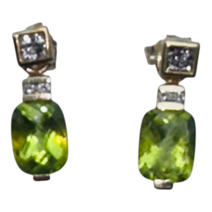 Jacket Earrings, 14 karat tapestry-cut Peridot and princess-cut diamond stud yellow gold