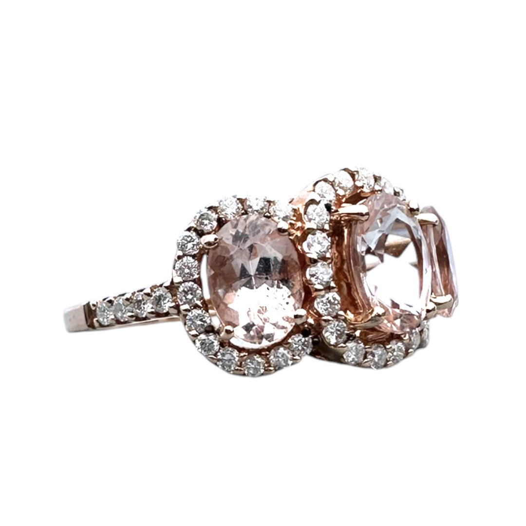 14 karat pink gold, 3-stone Morganite diamond halo ring