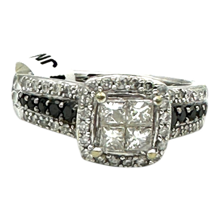 14 karat white gold, 1.25 Carat halo, black, and white diamond ring