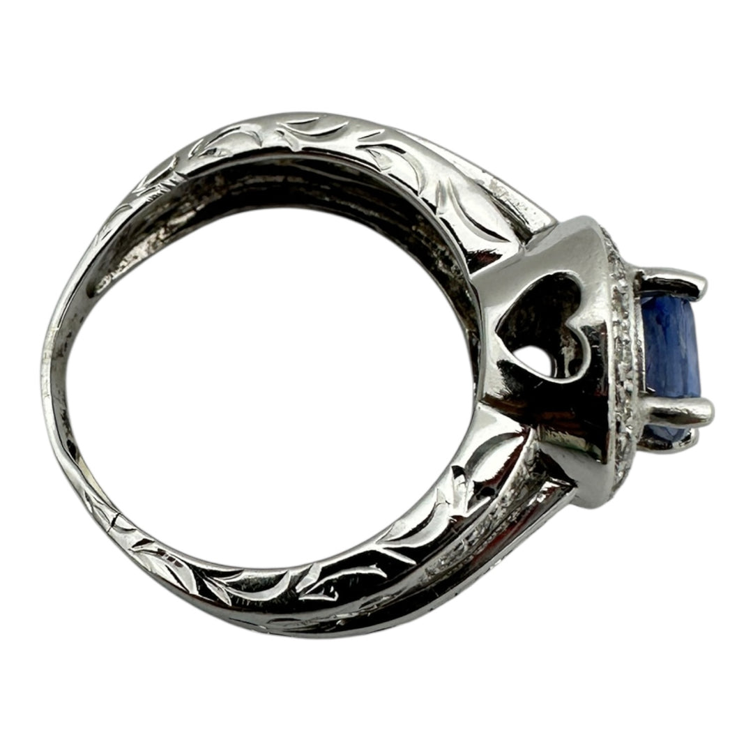 14 Karat White Gold 2.25TCW Blue Sapphire Halo Diamond and Baguette Ring