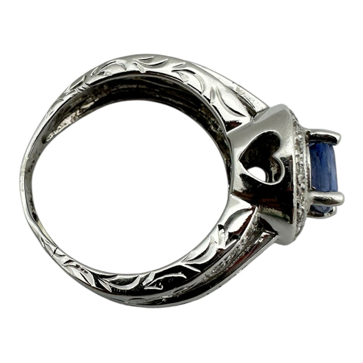 14 Karat White Gold 2.25TCW Blue Sapphire Halo Diamond and Baguette Ring