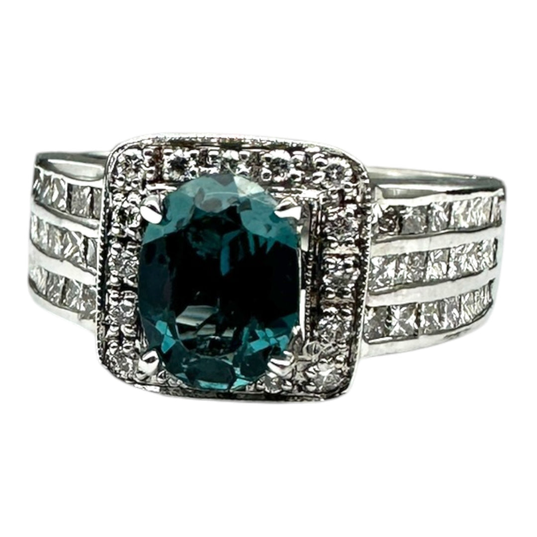 London, Blue Topaz Diamond Halo Princess 2.50ctw Wide Band Ring