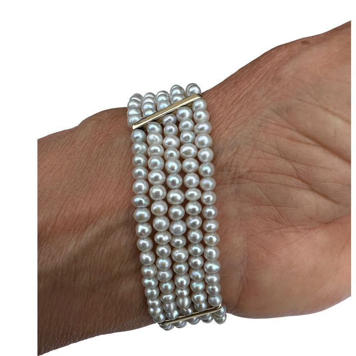 Vintage 14K Yellow Gold Five-Strand Grey Pearl Cuff Bracelet