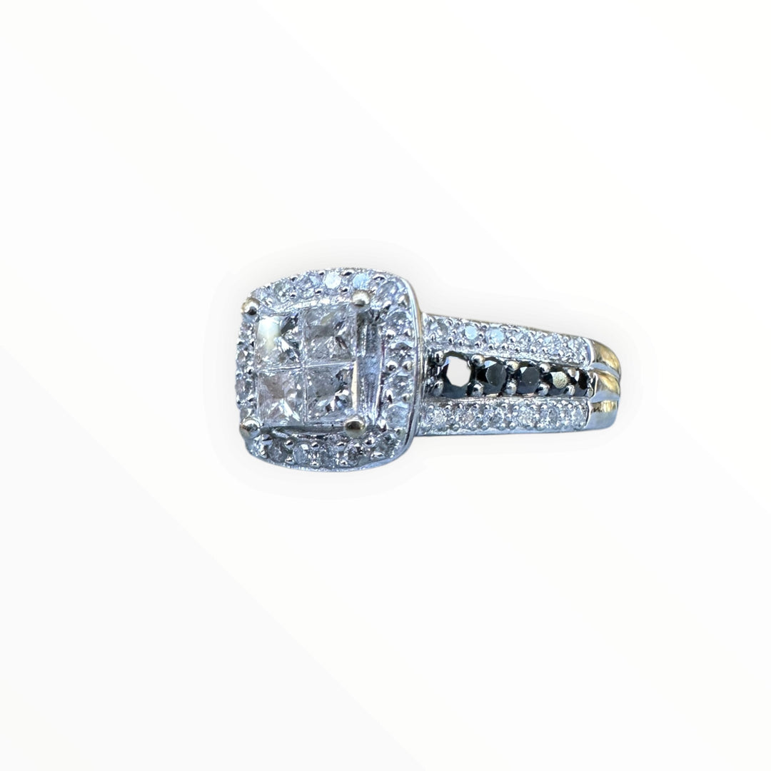 14K White Gold Princess-Cut Quad Diamond Halo Ring with Black Diamond Accents .75ctw