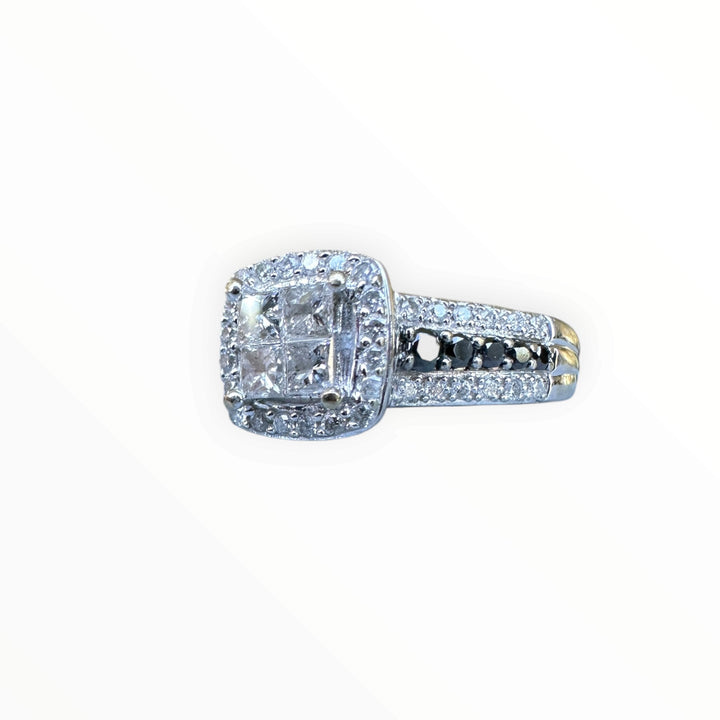 14K White Gold Princess-Cut Quad Diamond Halo Ring with Black Diamond Accents .75ctw
